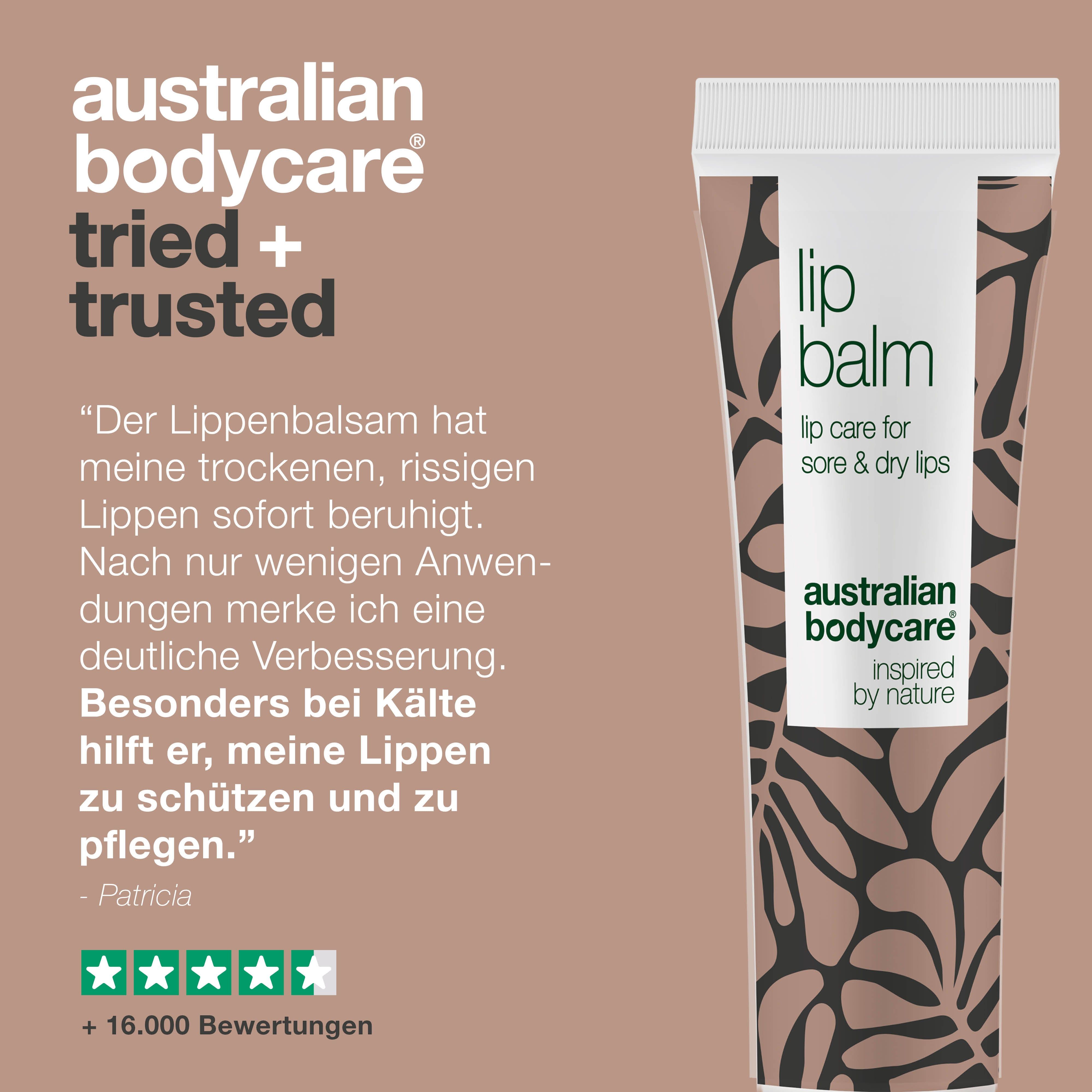Lippenpflege-Tube. Text: Lippenbalsam, Australian Bodycare. Zitat und Sternebewertung.
