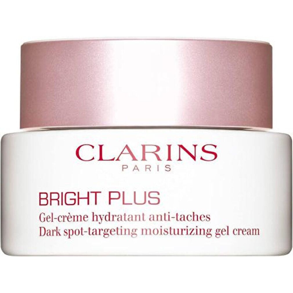 Weißes Tiegel mit rosa Deckel. Aufschrift: Clarins Paris, Bright Plus, Gel-Crème hydratant anti-taches, Dark spot-targeting moisturizing gel cream.