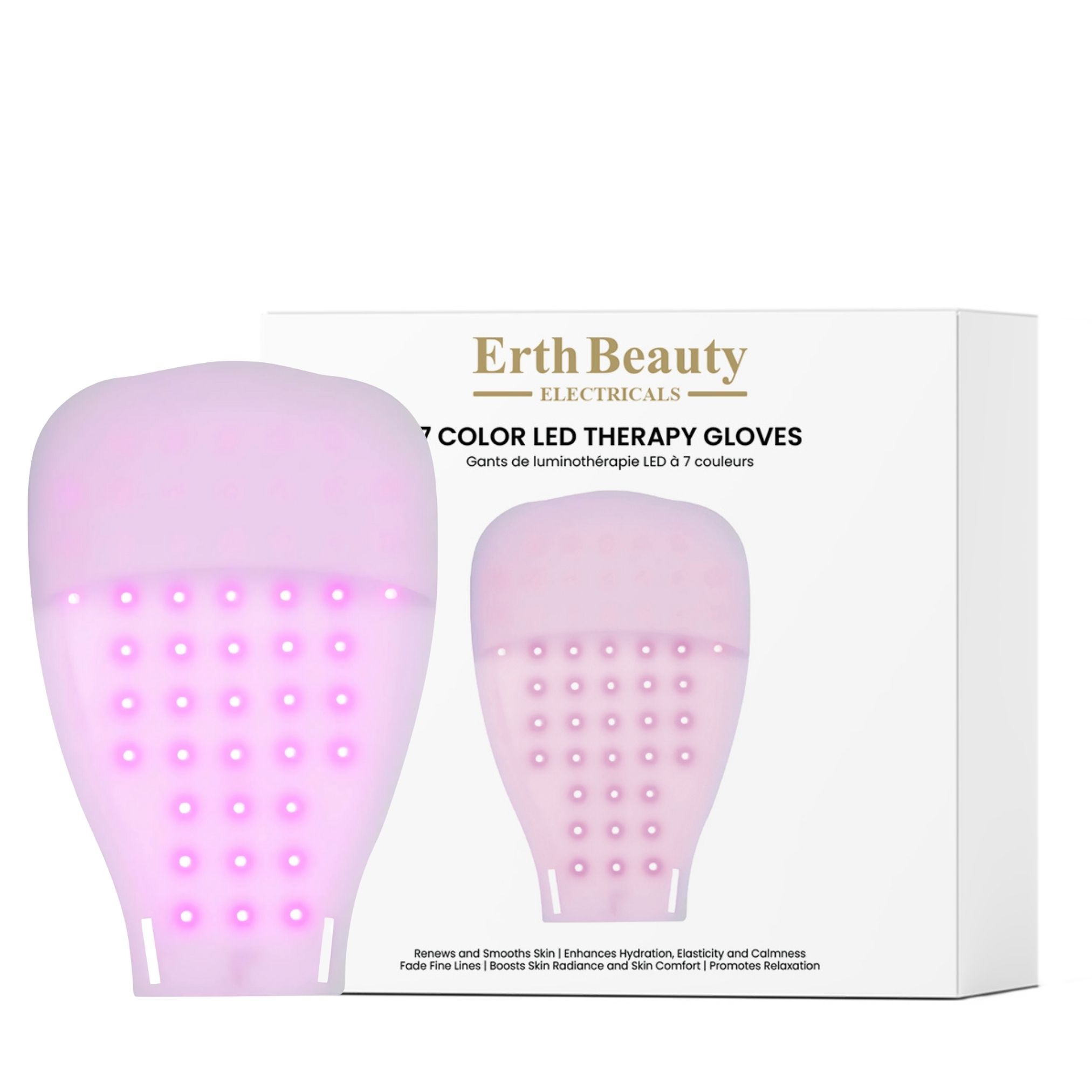 Ein rosa LED-Therapiehandschuh und seine Verpackung mit dem Produktnamen und den Vorteilen.