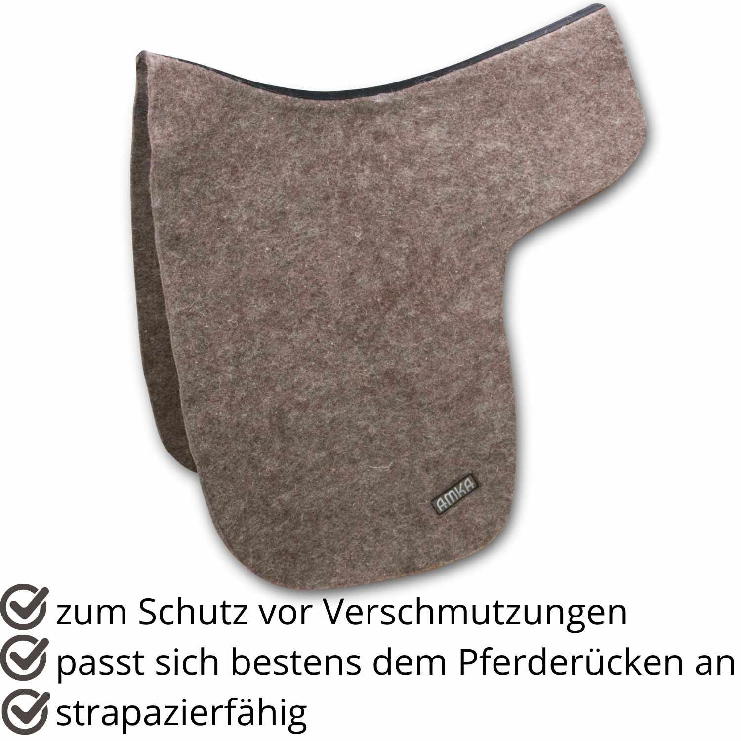 Braune Filz-Dressursattel-Unterdecke. Text: Zum Schutz vor Verschmutzungen, passt sich dem Pferderücken an, strapazierfähig.
