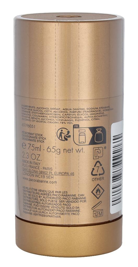 Goldener Deostift. Rückseite mit Inhaltsstoffen, Informationen und Barcode.