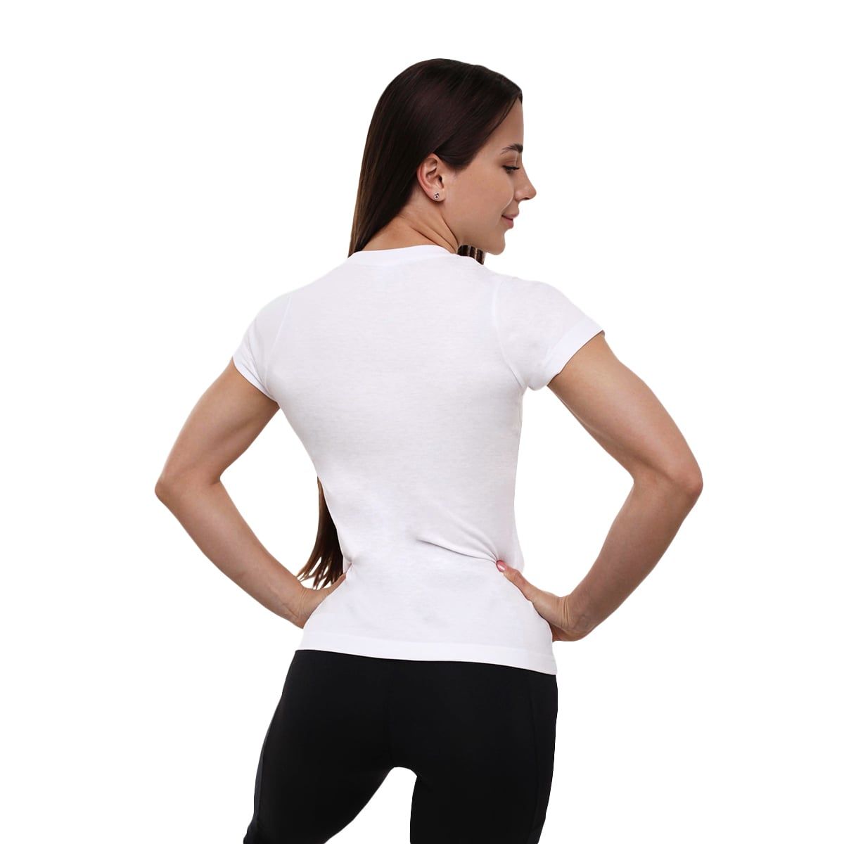 Rückansicht eines weißen Damen-T-Shirts mit kurzem Arm, figurbetont geschnitten.