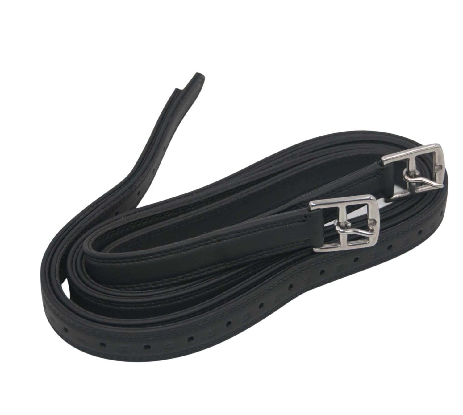Schwarze Steigbügelriemen mit Metallschnallen. Lederriemen, aufgerollt.