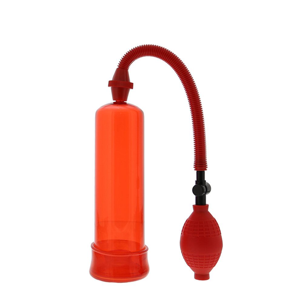 Rote Penispumpe mit Schlauch und Ball. Transparenter Zylinder, roter Ball zum Pumpen.