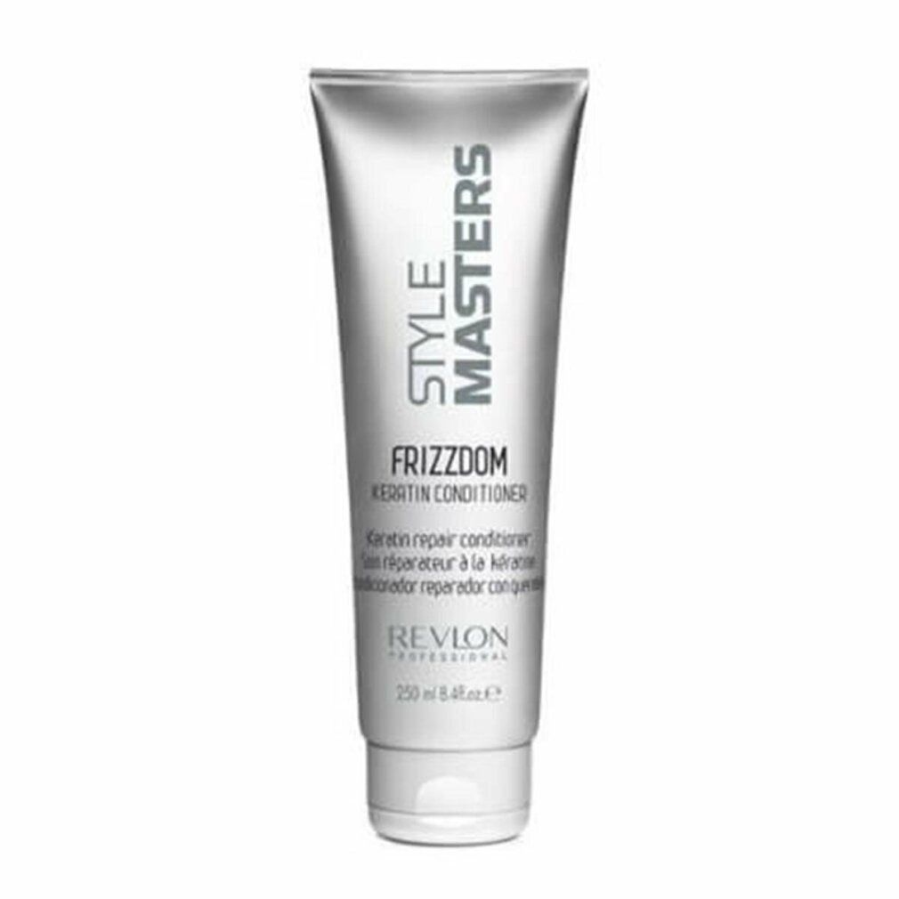 Silberne Tube mit "STYLE MASTERS FRIZZDOM KERATIN CONDITIONER". Text in Englisch, Spanisch und Französisch. Marke: Revlon Professional.