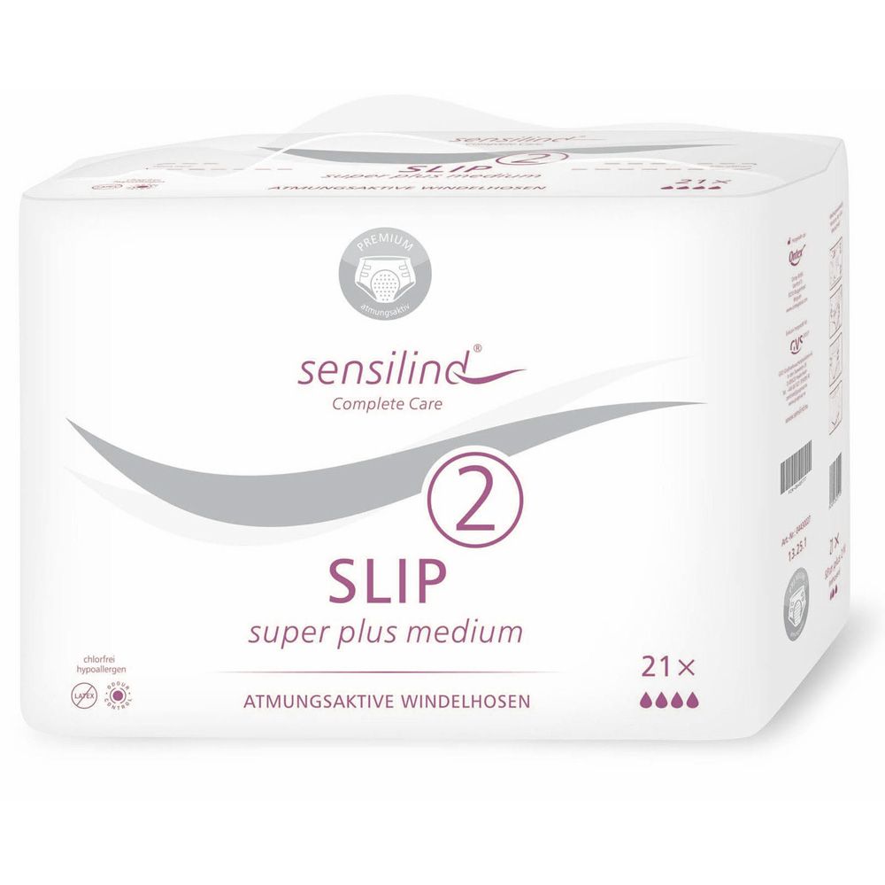 Weiße Verpackung von Sensilind Slip Super Plus 2 M. Aufdrucke: Marke, Produktbezeichnung, Saugstärke, Anzahl 21 Stück.