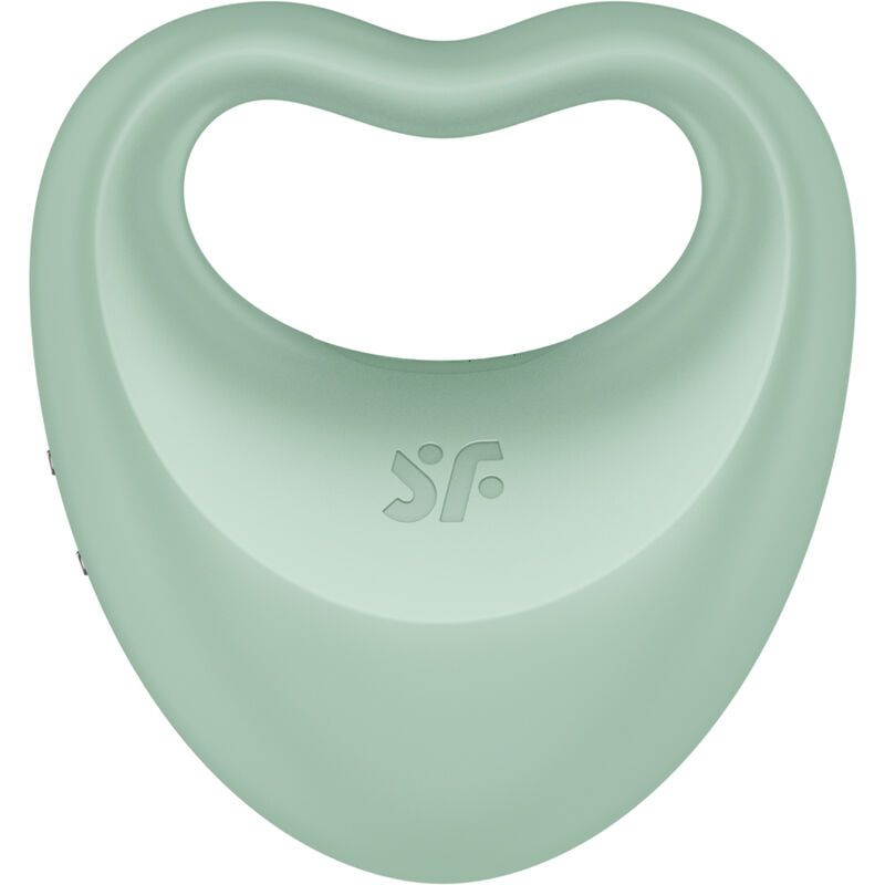 Mintfarbener Penisring mit Fingervibrator. Herzförmig mit Öffnung. Logo.