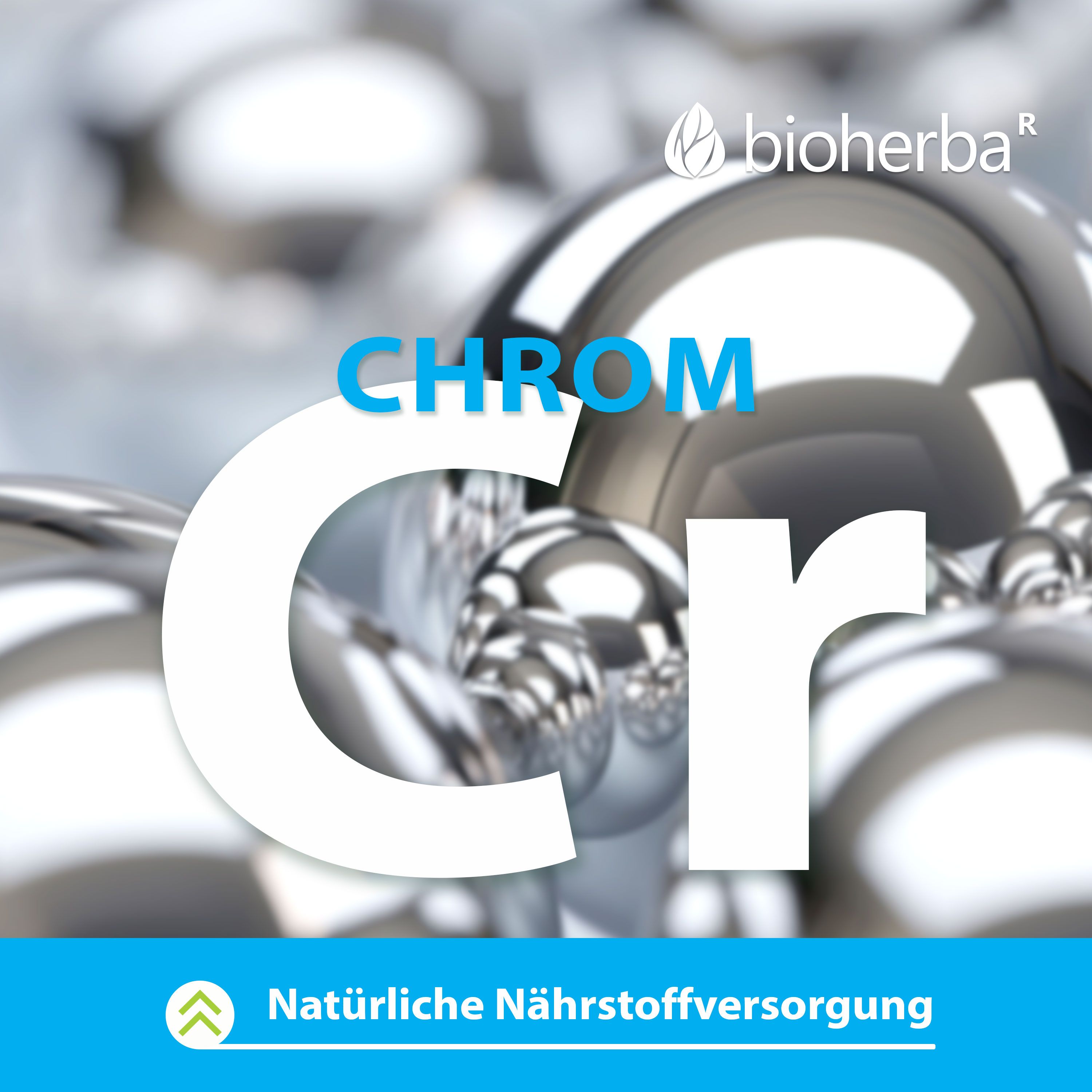 Chrom-Kapseln. Marke: bioherba. Natürliche Nährstoffversorgung. Großer weißer Buchstabe 'Cr' auf silbernen Kugeln.