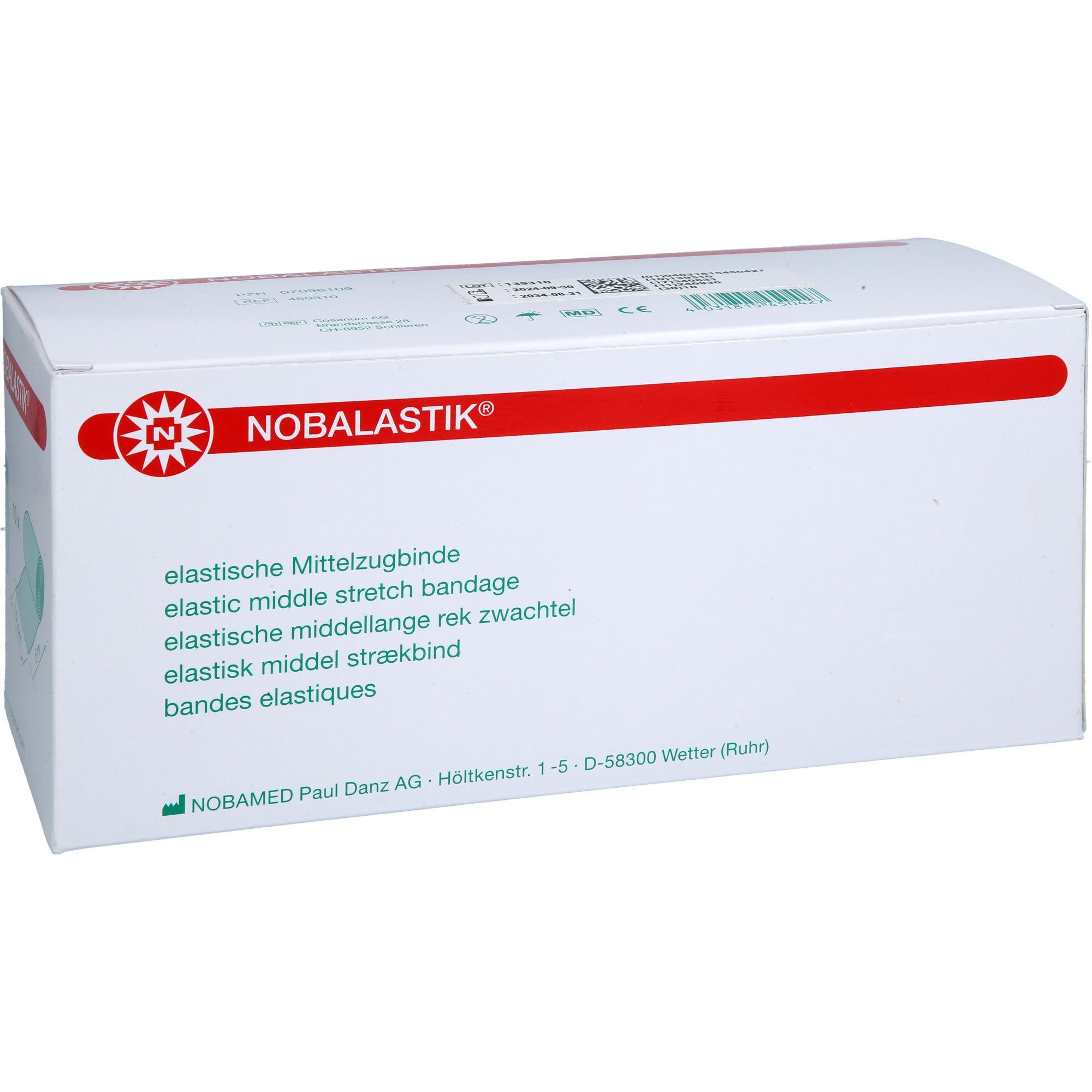 Verpackung mit Aufschrift NOBALASTIK, elastische Mittelzugbinde. Weißer Karton mit rotem Streifen.