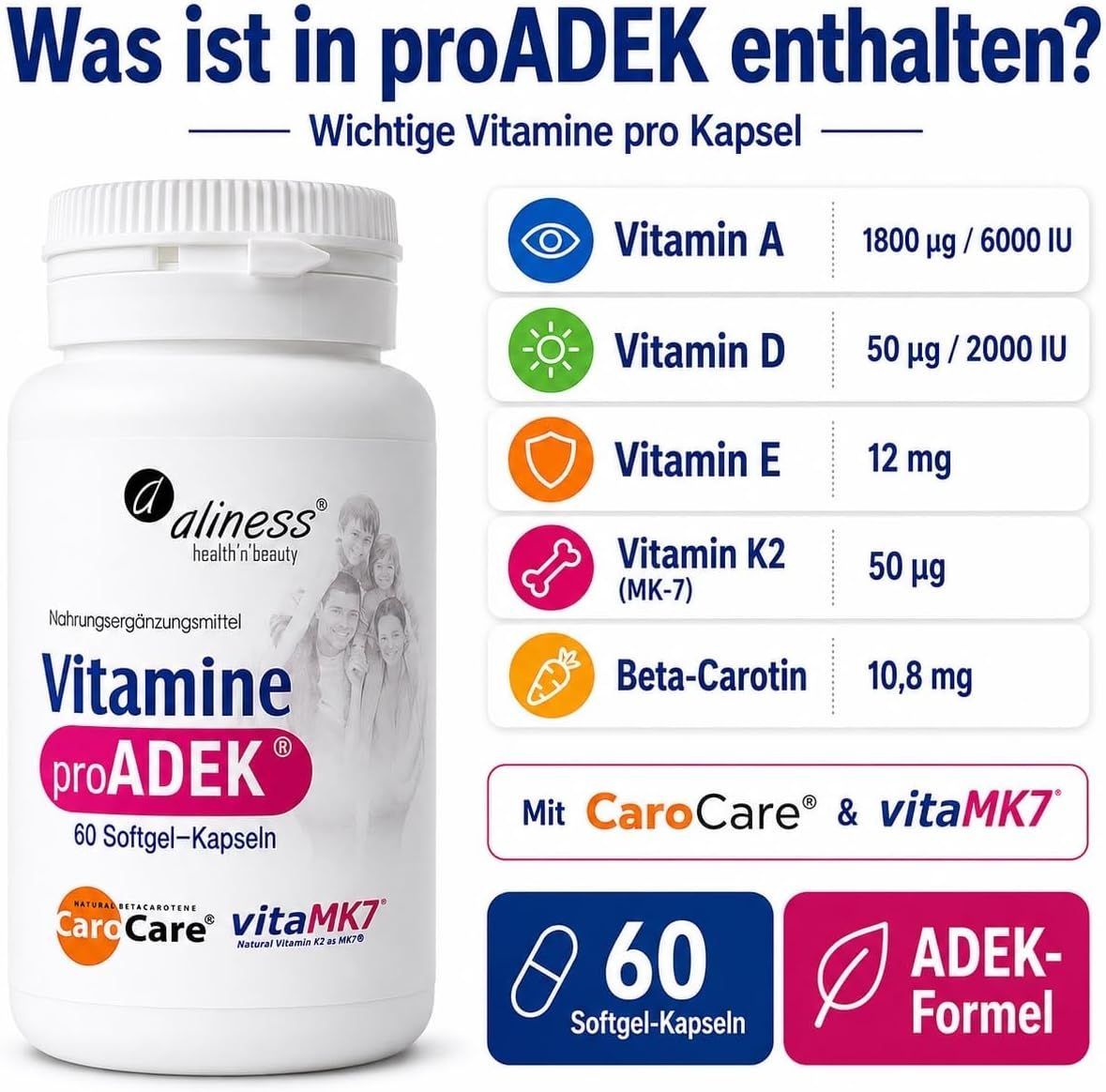 Aliness Vitamine proADEK, 60 Softgel-Kapseln. Wichtige Vitamine pro Kapsel.
