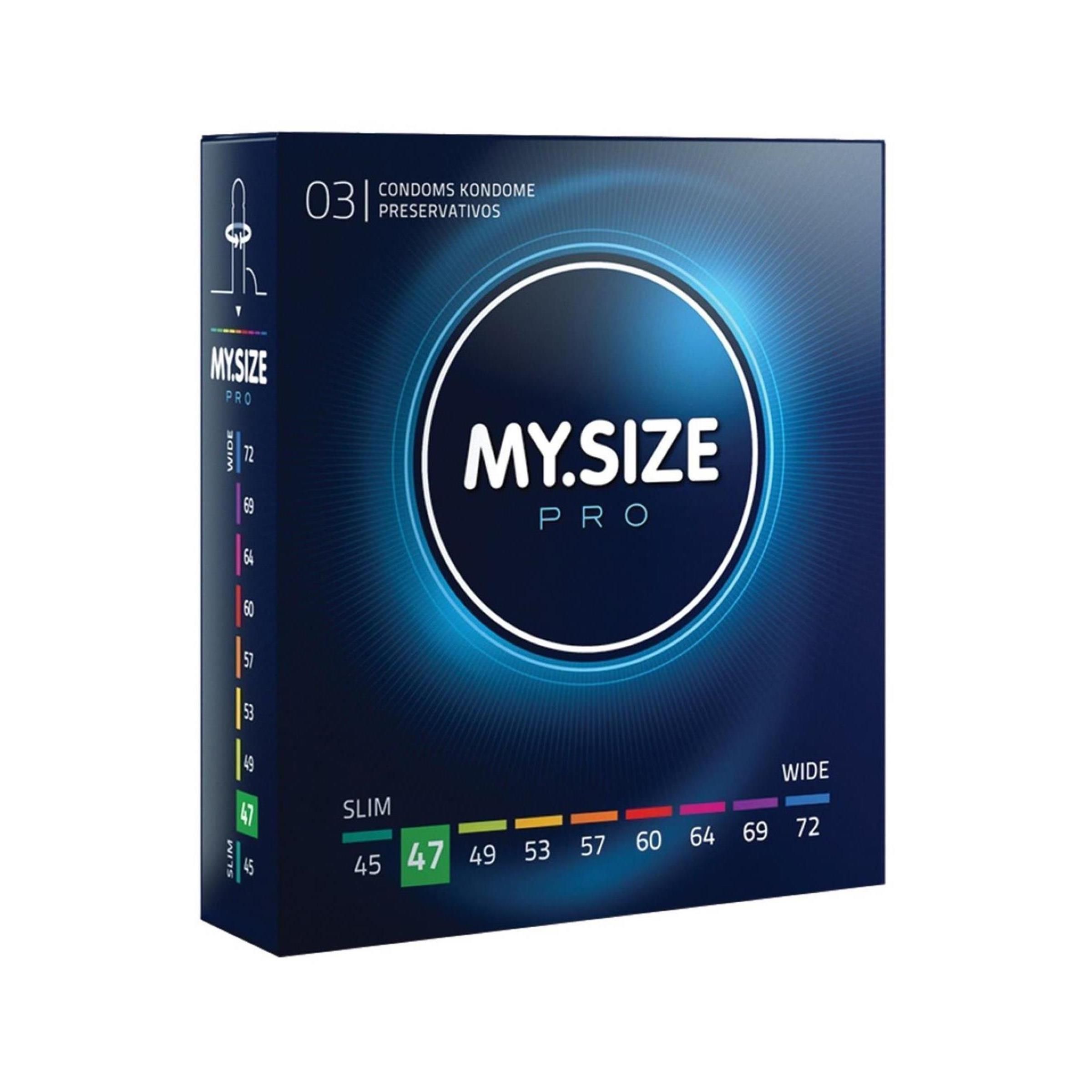 Schachtel mit MY.SIZE PRO Kondomen. Aufdruck: 47mm, Slim bis Wide Größen. Oben: 03 Kondome. Blaue Verpackung.