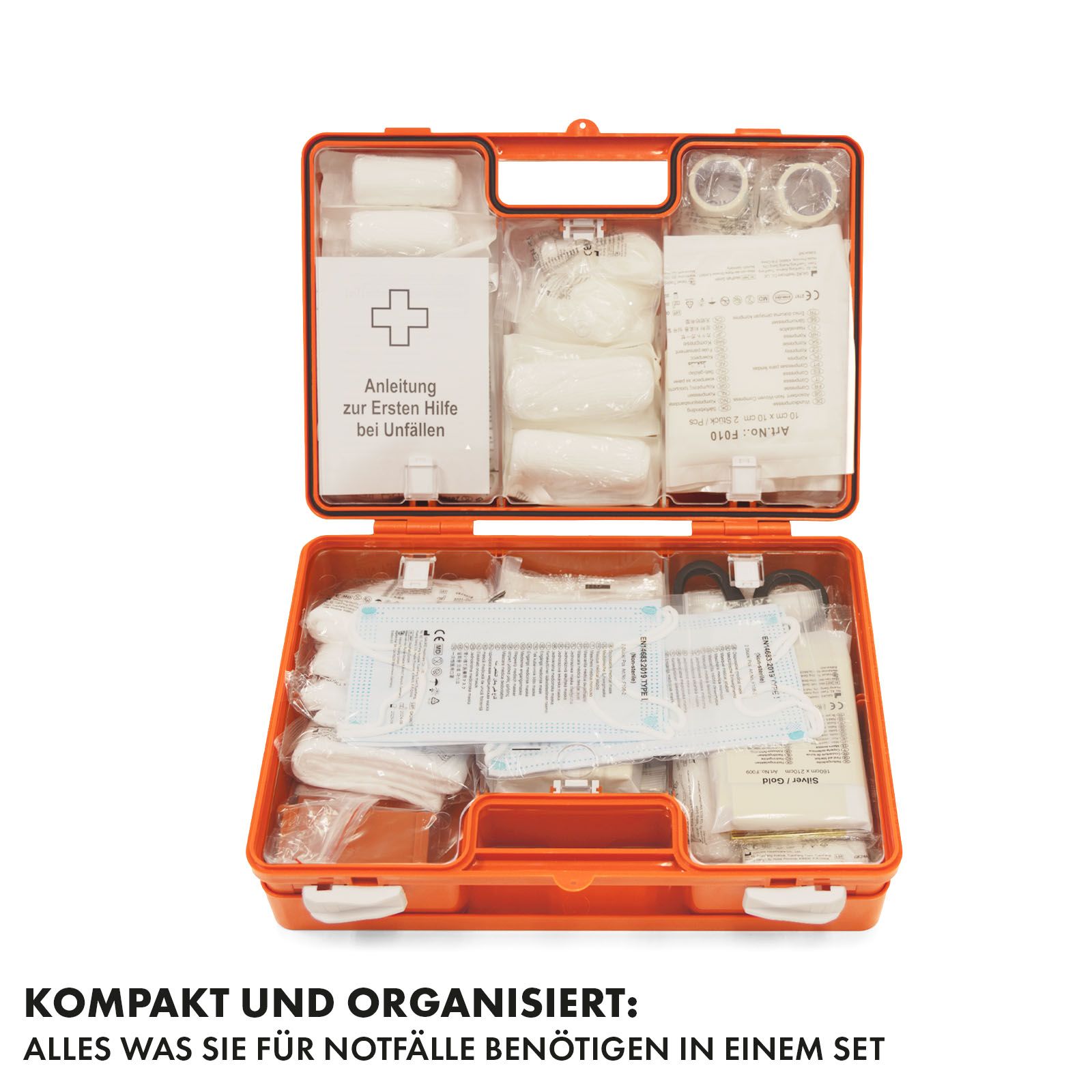 Geöffnete orange Erste-Hilfe-Koffer. Inhalt: Verbandsmaterial, Anleitung. Kompakt und organisiert.