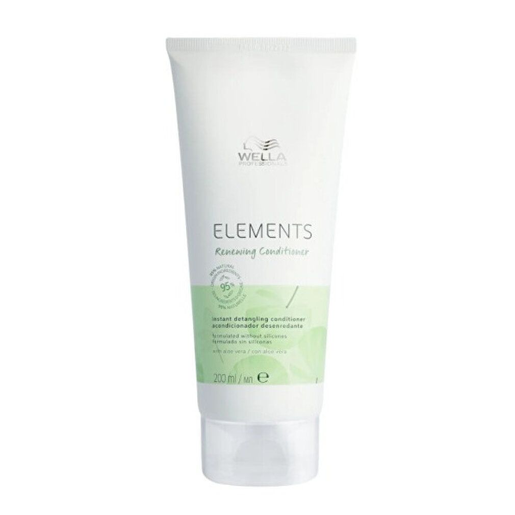 Weiße Tube Wella Elements. Schriftzug: ELEMENTS, Renewing Conditioner. Grün-weiße Pflanzenmuster. 200 ml.