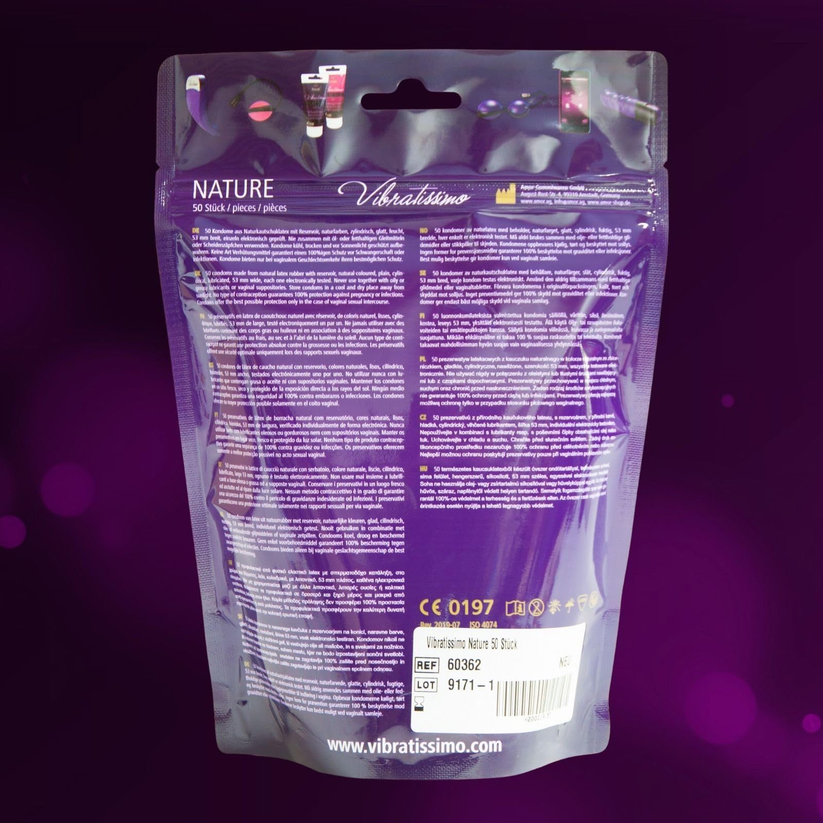 Rückseite der Verpackung Vibratissimo Nature Kondome, 50 Stück. CE 0197.