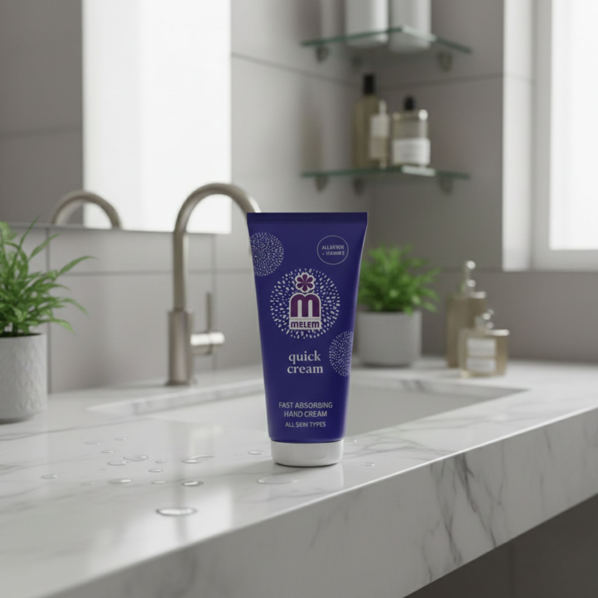 Blaue Tube "melem quick cream" auf Waschbecken. Text: "Fast absorbing hand cream". Enthält Allantoin und Vitamin E. Badezimmer-Hintergrund.