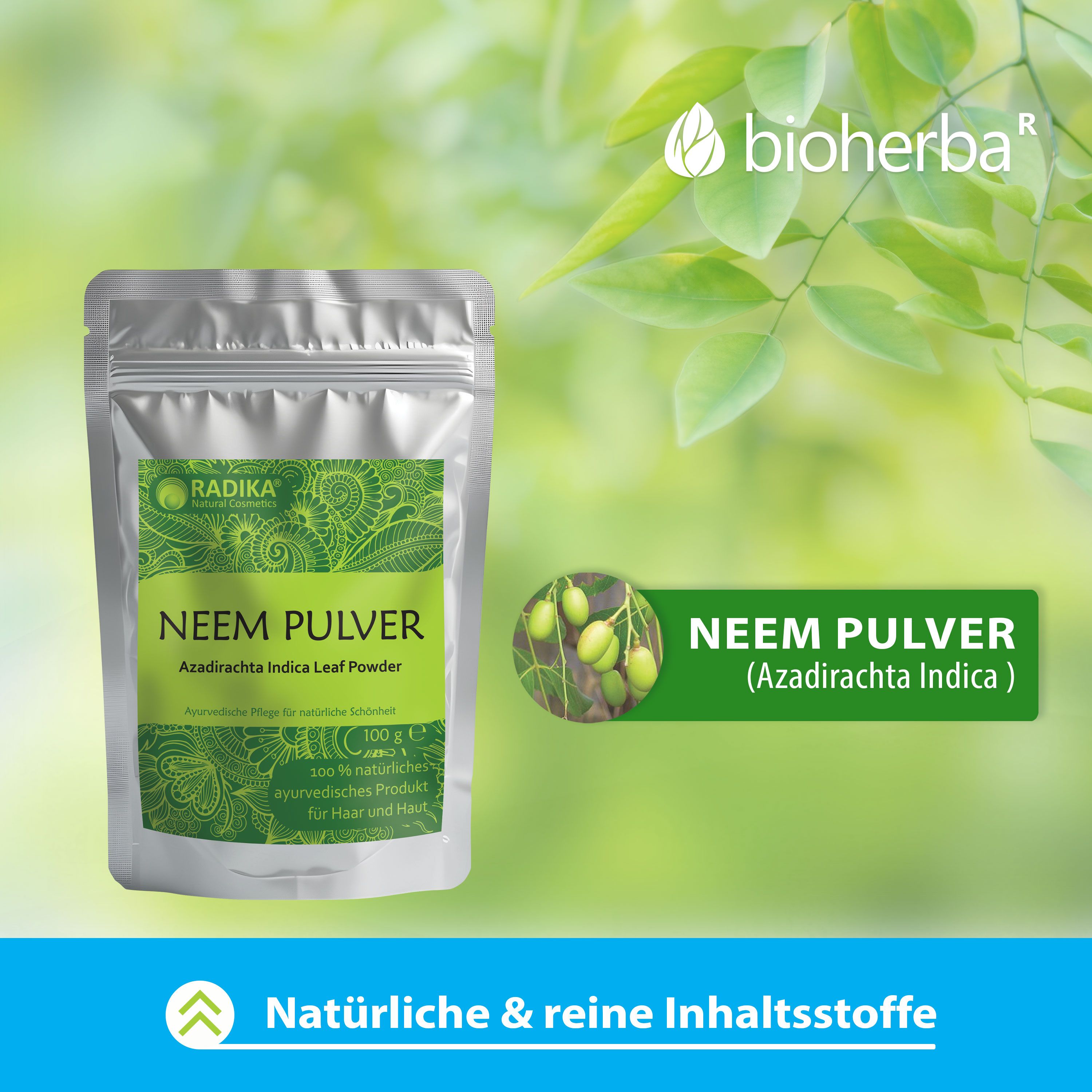 Silberfarbene Tüte mit grünem Etikett. Neem Pulver, Azadirachta Indica. Abbildung von Neem-Früchten. Text: Natürliche & reine Inhaltsstoffe.