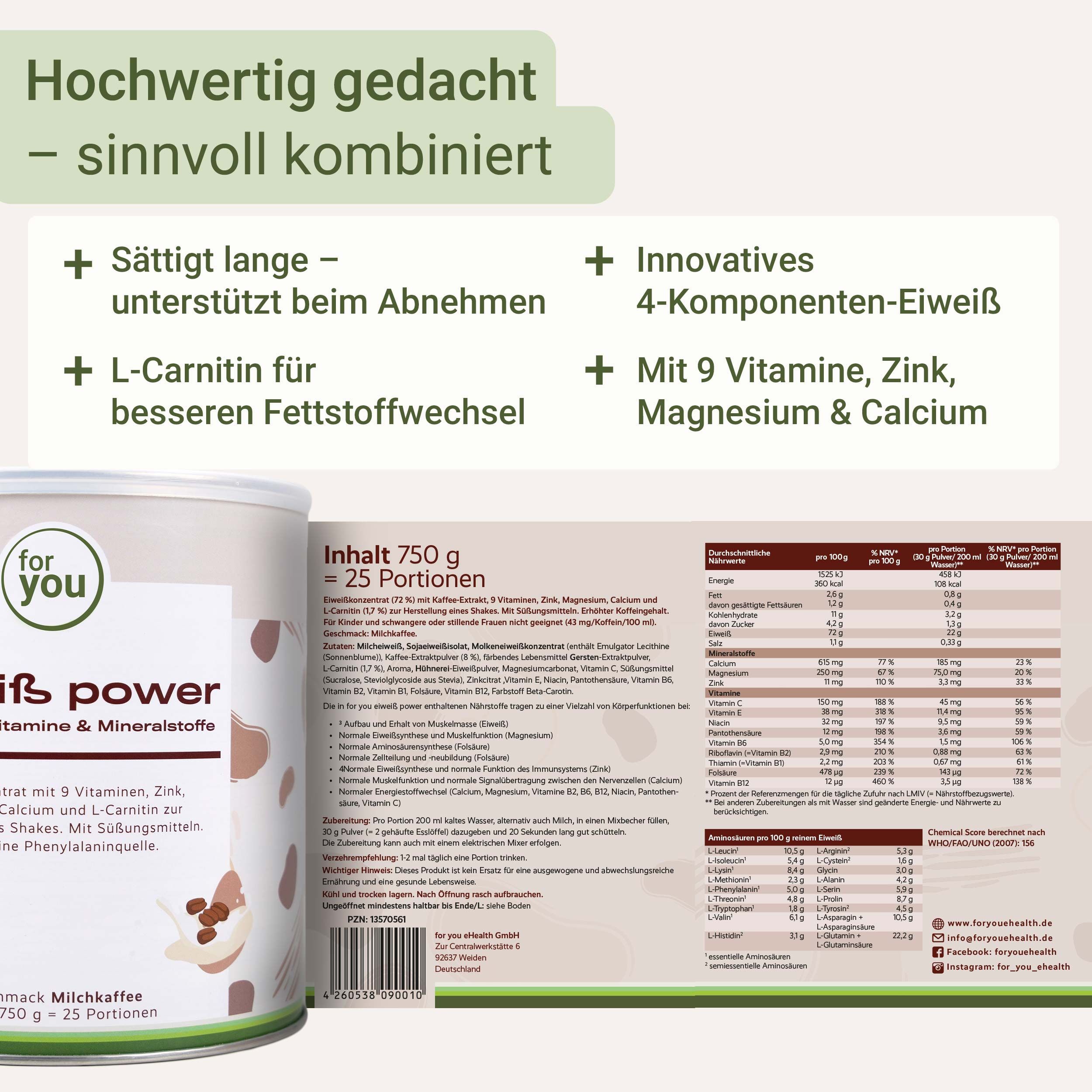 Dose Eiweiß Power Milchkaffee mit Nährwerttabelle und Text zu Vorteilen.