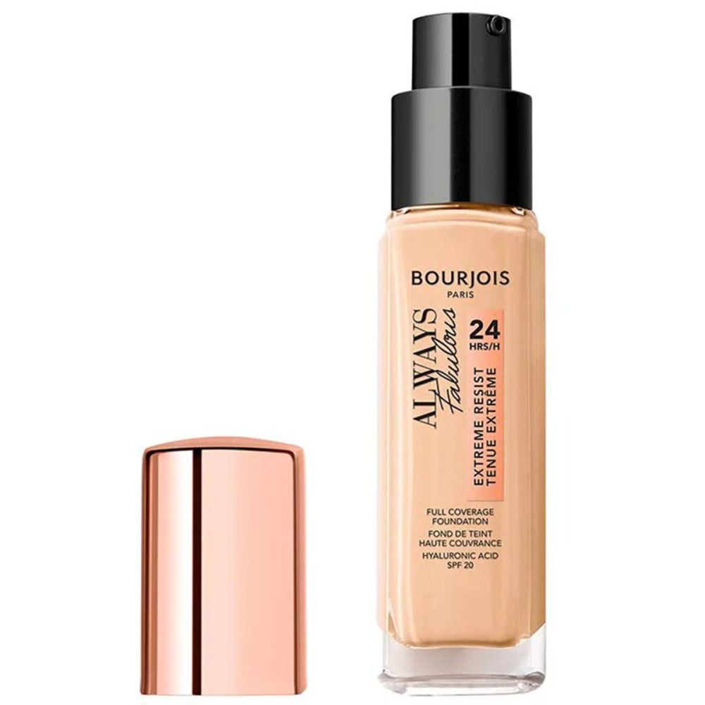 Foundation-Flakon mit schwarzem Pumpkopf und roségoldfarbener Kappe. Aufschrift: Always Fabulous, 24H, Extreme Resist.