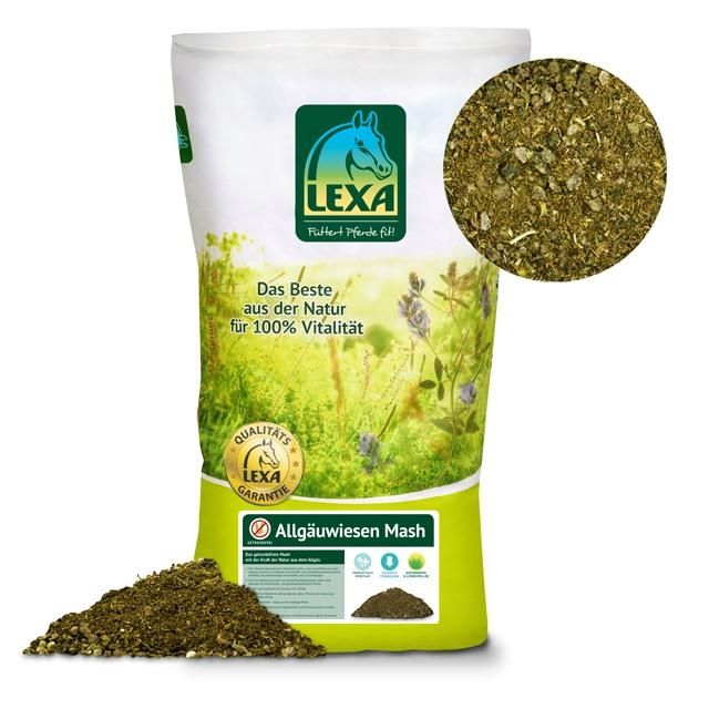 Beutel mit LEXA Allgäuwiesen Mash. Grün-weiße Verpackung, Logo mit Pferd. Kleiner Kreis zeigt Produkttextur.
