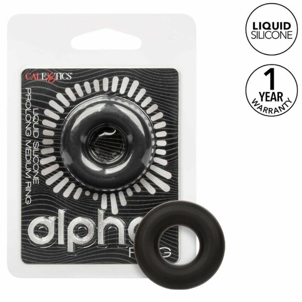 Verpackung mit schwarzem Silikonring. Aufschrift: Alpha Ring, Prolong Medium. Garantie.