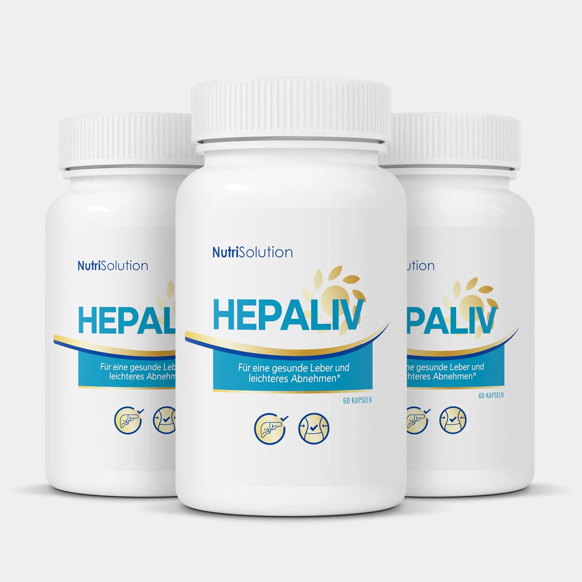 Drei weiße Flaschen NutriSolution Hepaliv mit Kapseln.