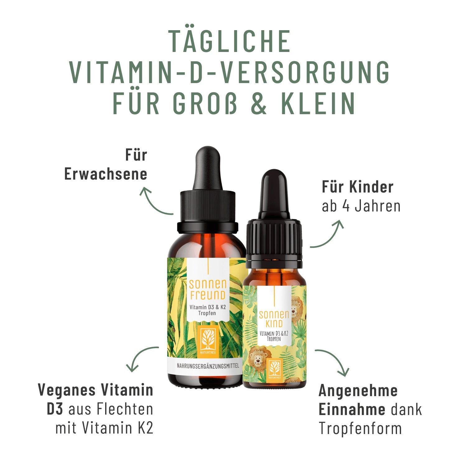 Zwei Flaschen Vitamin D3 & K2 Tropfen, eine für Erwachsene, eine für Kinder, mit Pipetten.