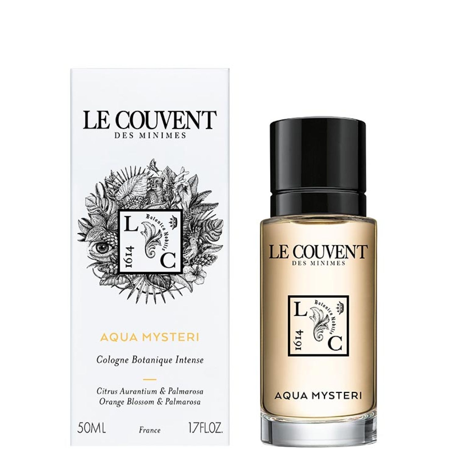 Flakon und Verpackung. Aufschrift: Le Couvent des Minimes, Aqua Mysteri, 50ml, 1.7 FL.OZ.