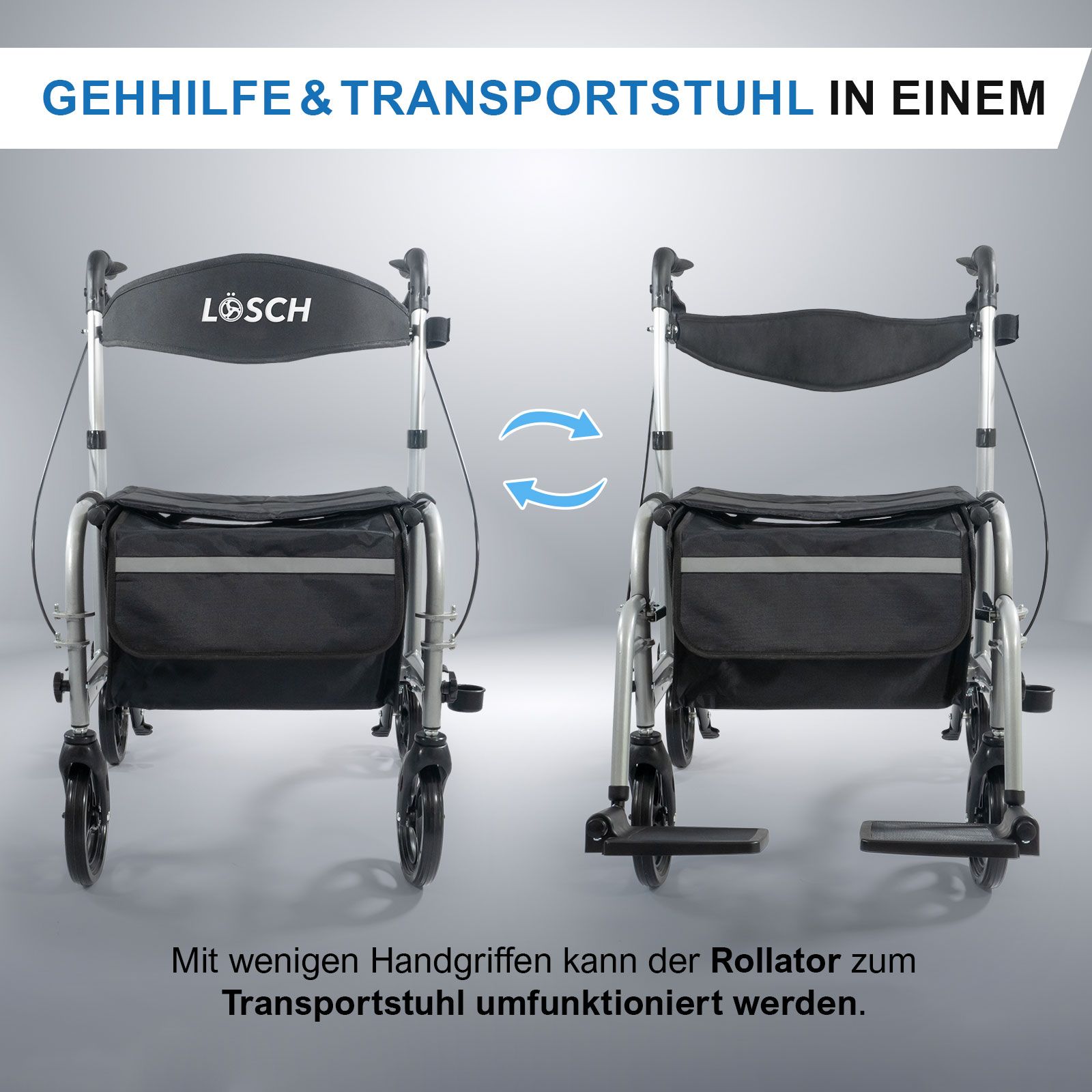 Rollator & Rollstuhl Twin, silberfarben, mit schwarzem Sitz und Tasche. Transformierbar. Pfeile zeigen die Umwandlung.