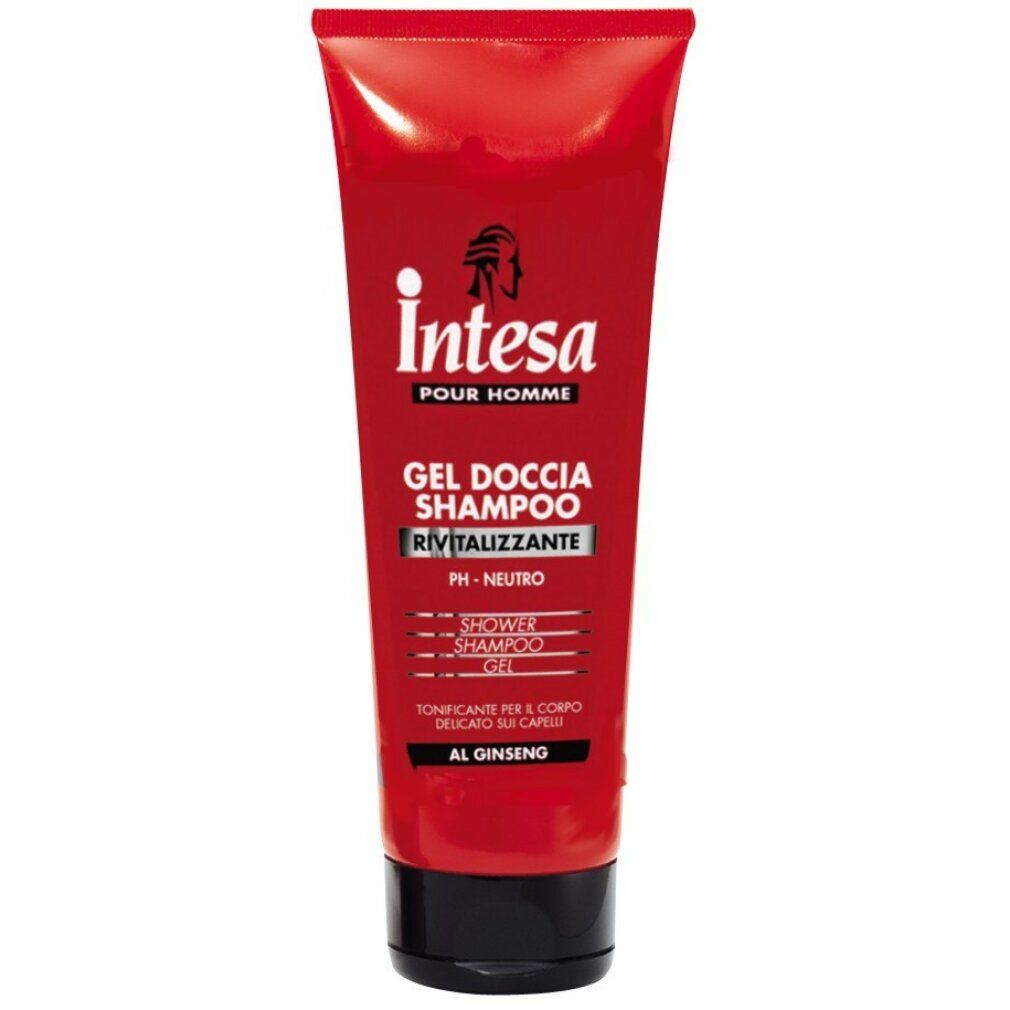 Rote Tube mit schwarzem Verschluss. Aufschrift: Intesa, Gel Doccia Shampoo, Rivitalizzante, PH-Neutro. Mit Ginseng.
