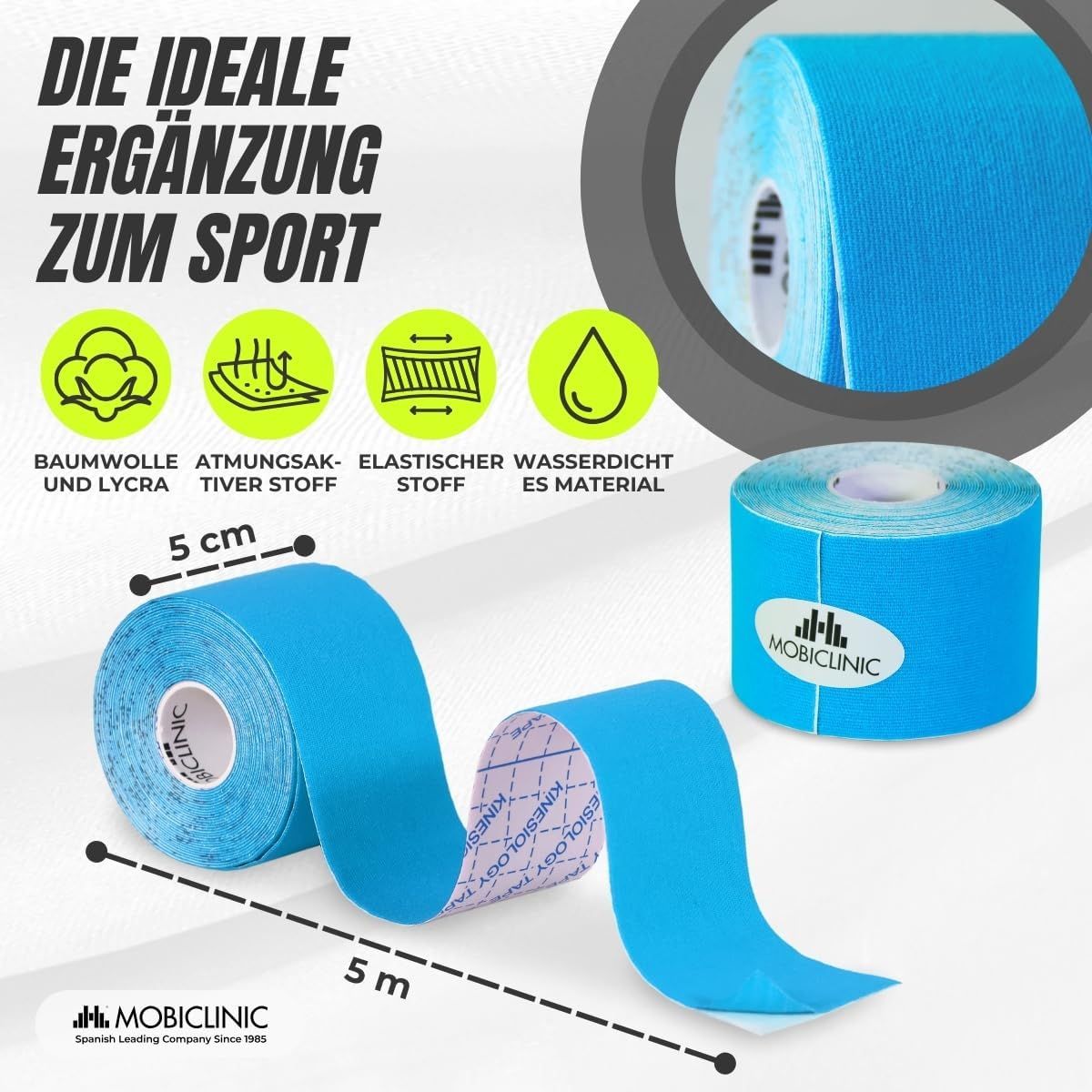 Kinesiologie-Tape aus Baumwolle und Lycra, atmungsaktiv und wasserdicht.