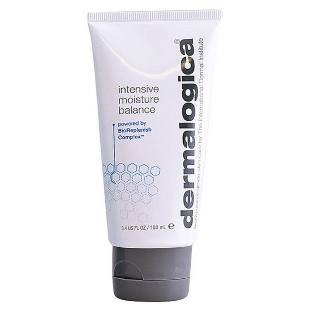 Weiße Tube mit grauer Kappe. Aufschrift: intensive moisture balance, Dermalogica. 3.4 US FL OZ / 100 mL.