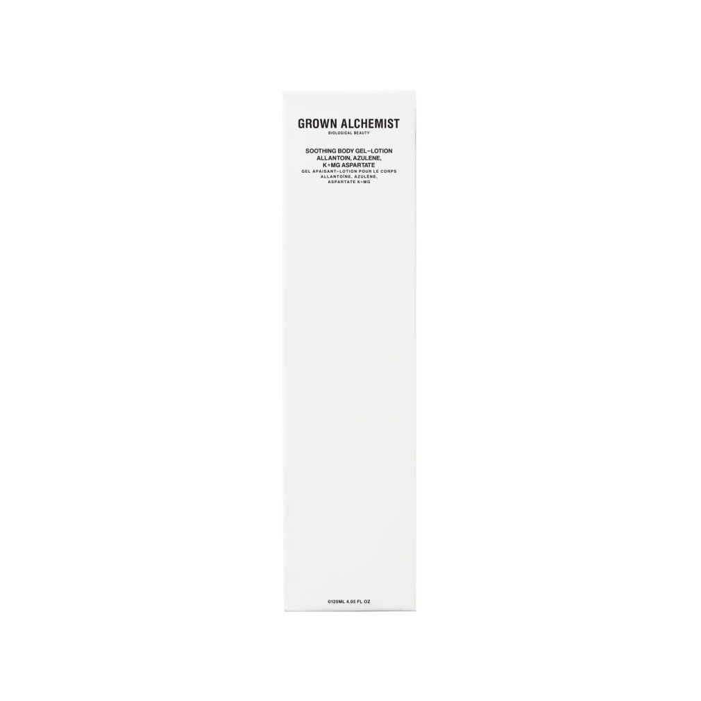 Verpackung Grown Alchemist Soothing Body Gel-Lotion, weißer Karton, Vorderansicht.