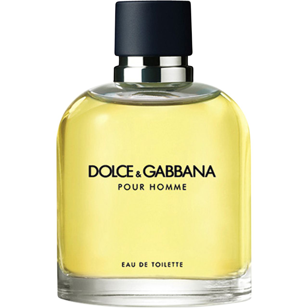 Glasflakon von Dolce & Gabbana Pour Homme EdT. Schwarzer Deckel. Gelbliche Flüssigkeit. Schwarze Schrift: Marke, Produktname, und 'Eau de Toilette'.