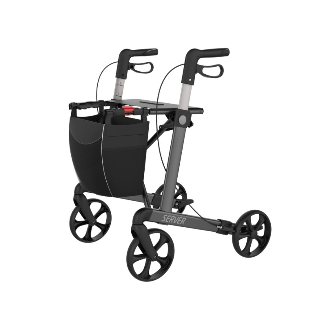 Anthrazitfarbener Rollator mit schwarzem Korb und Tablett. Vier Räder, höhenverstellbare Griffe. Aufschrift SERVER.