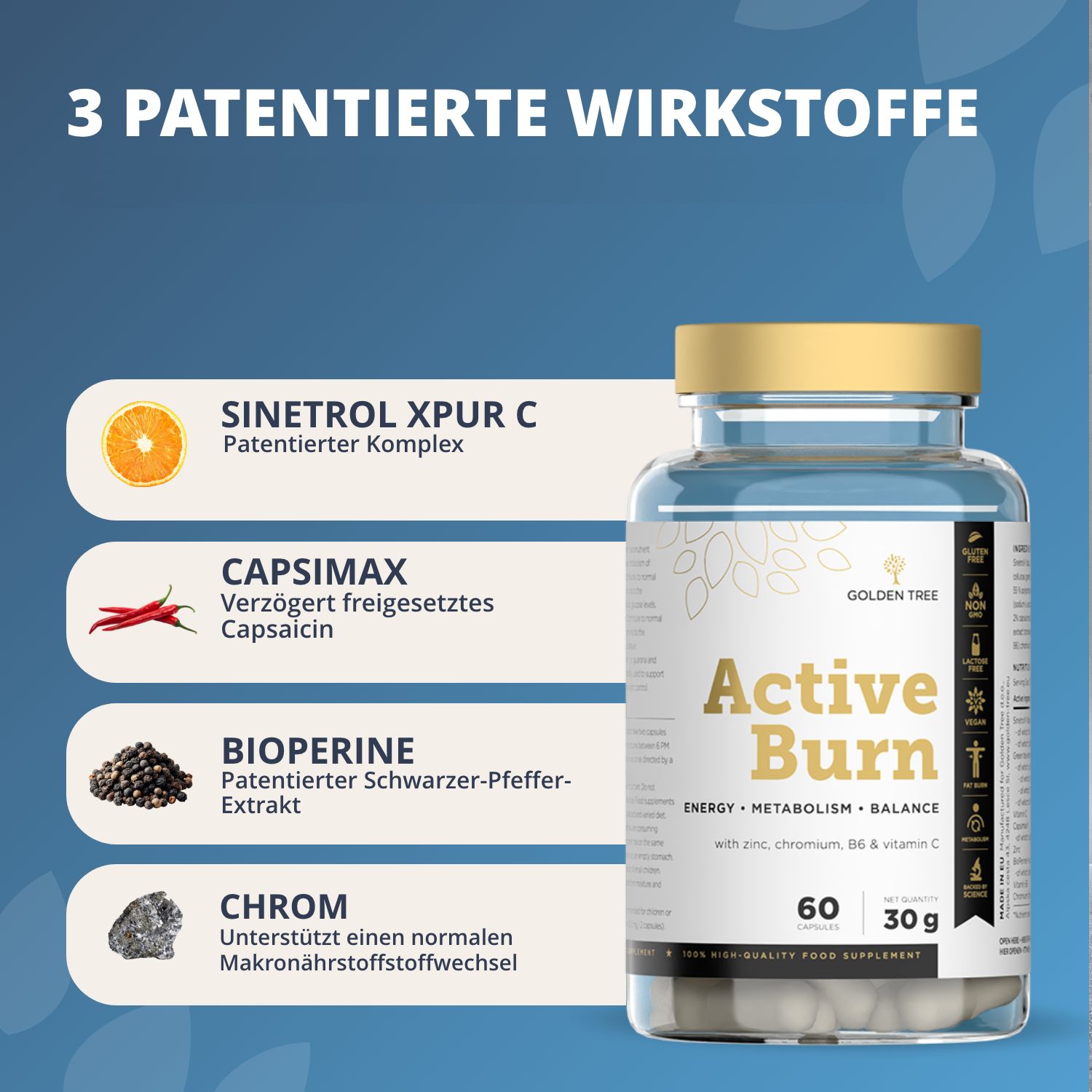 Flasche mit Golden Tree Active Burn Kapseln, daneben Zutaten wie Orange, Chili und Pfeffer.