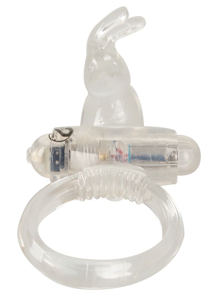 Transparenter Penisring mit Hasen-Aufsatz und Klitorisreizer. Ringförmig, mit Vibrationsmodul.