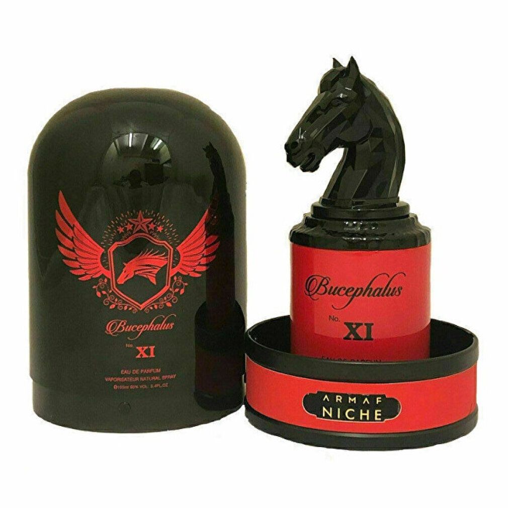 Roter Flakon mit schwarzem Pferdekopf-Deckel. Schwarze Verpackung mit rotem Logo. Text: Bucephalus Nº XI, Armaf Niche.