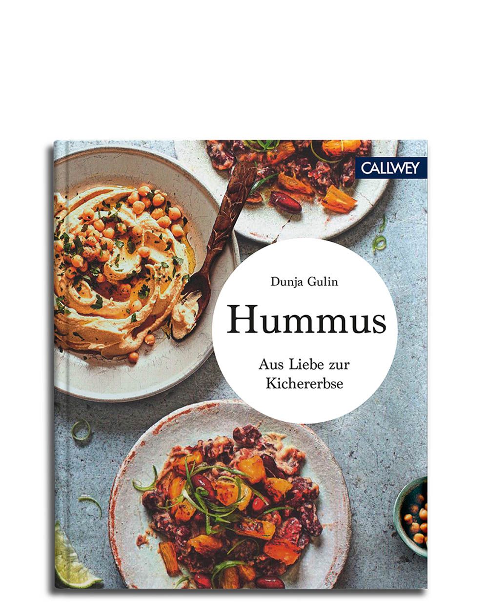 Buchcover mit Hummus-Rezepten. Titel: Hummus. Autor: Dunja Gulin. Auf dem Cover sind Gerichte mit Hummus abgebildet.
