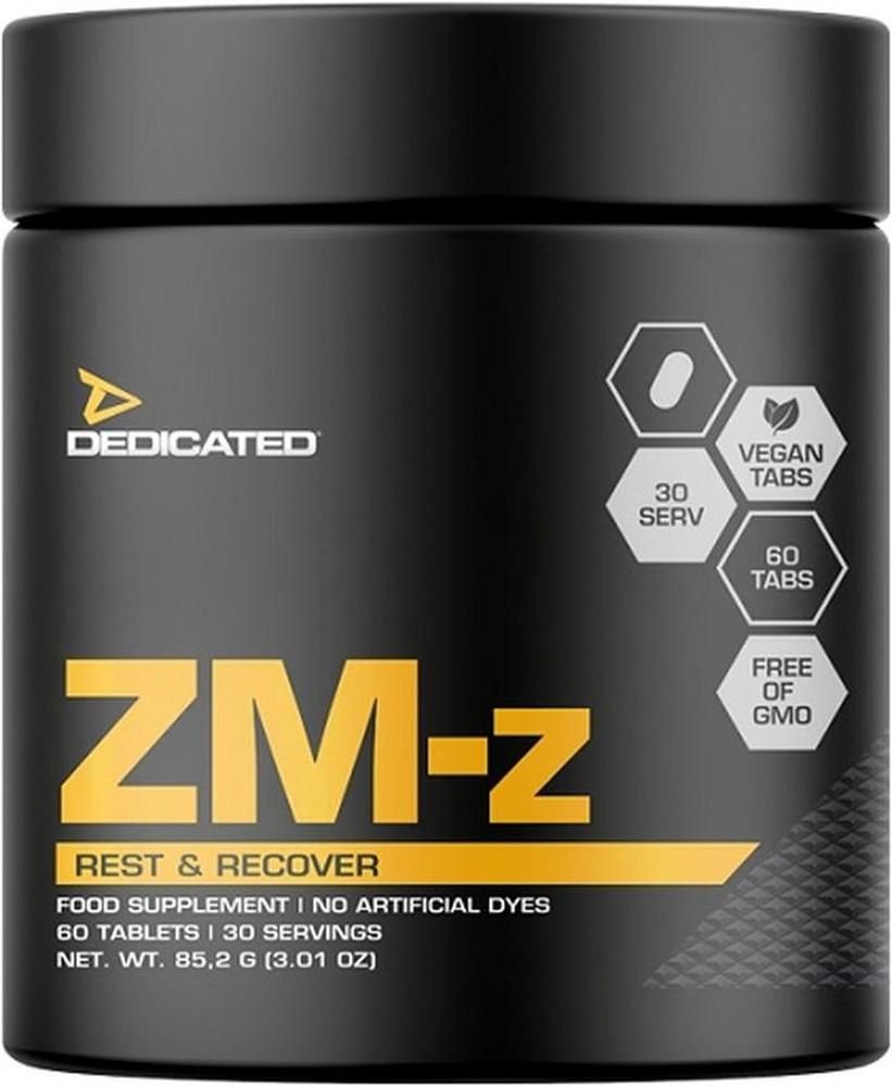 Schwarze Dose mit gelbem "ZM-z"-Schriftzug. Enthält 60 Tabletten, 30 Portionen. Vegan, ohne GVO. "Dedicated"-Logo.
