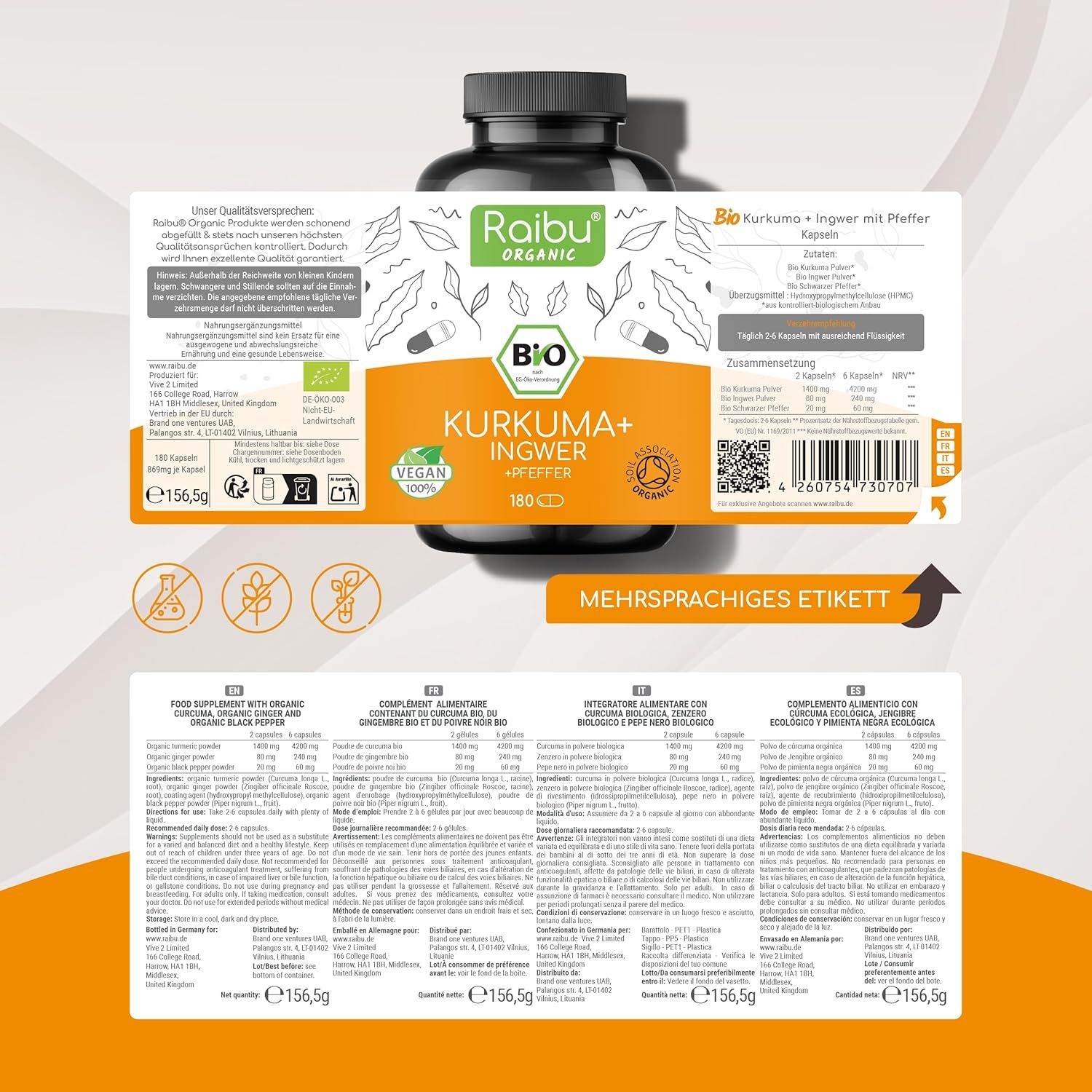 Etikett mit Produktinformationen. Aufschrift: Raibu Organic, Kurkuma+ Ingwer, Bio, vegan. Mehrsprachiges Etikett.