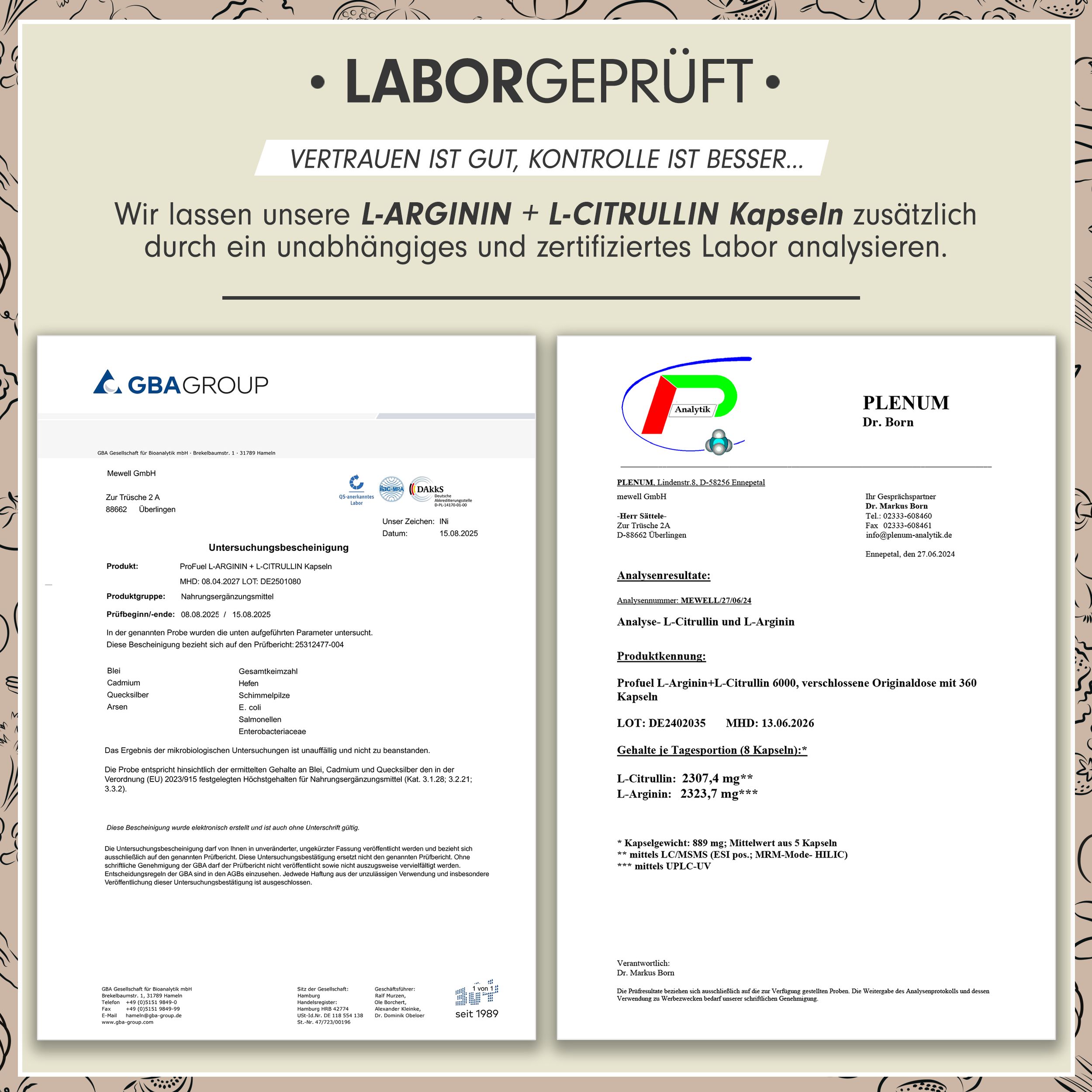 Zwei Laborzertifikate. Aufschrift: L-Arginin + L-Citrullin Kapseln. GBA Group und Plenum Dr. Born.