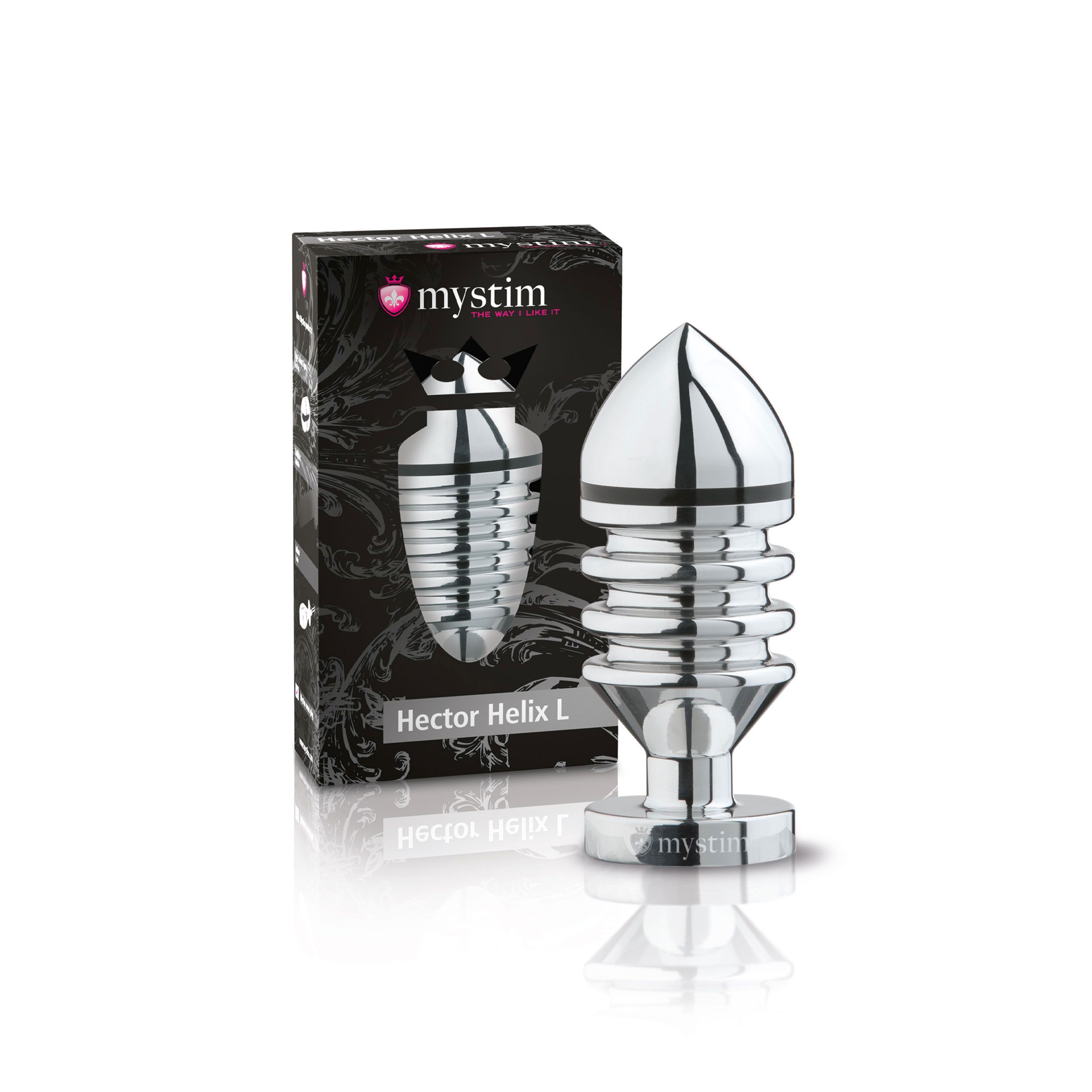 Produkt und Verpackung von Mystim Hector Helix L. Metallfarbener Plug und schwarze Verpackung.