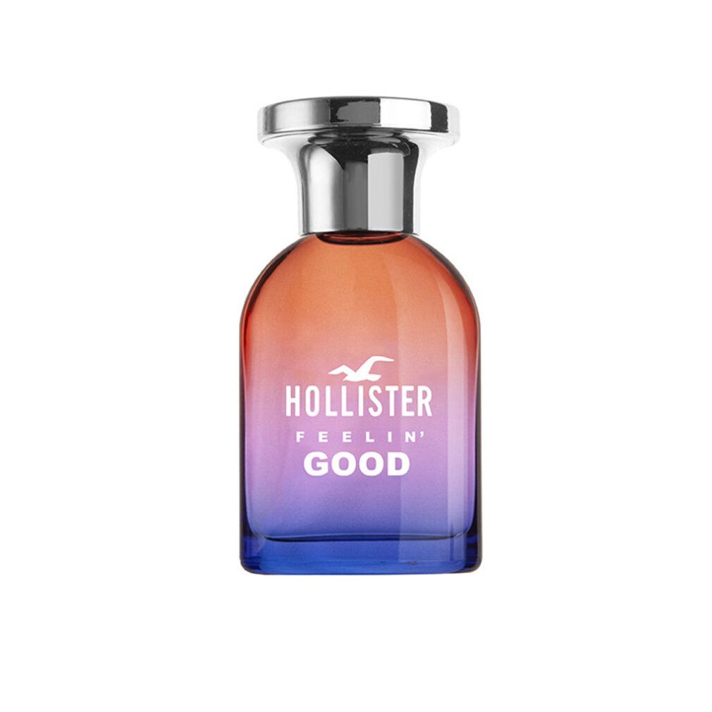 Flasche Hollister Feelin' Good For Her Eau de Parfum Spray. Farbverlauf von Orange nach Blau. Silberner Verschluss. Logo und Schriftzug.