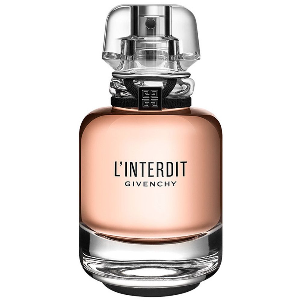 Parfümflakon mit rosafarbenem Inhalt, transparentem Verschluss. Schwarzes Band am Hals. Schwarze Schrift: L'Interdit Givenchy.