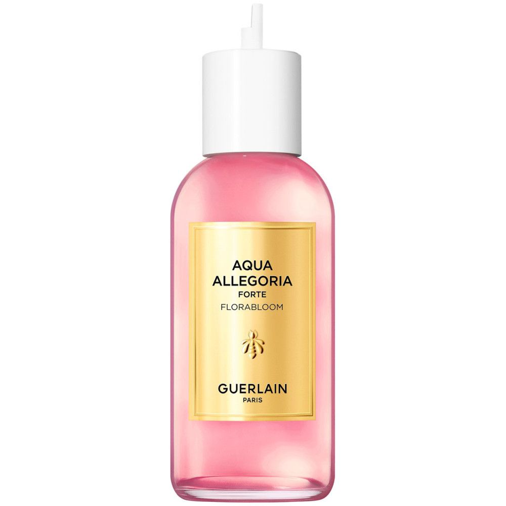 Rosa Flüssigkeit in einer Flasche mit weißem Verschluss. Aufschrift: Aqua Allegoria Forte Florabloom, Guerlain Paris.