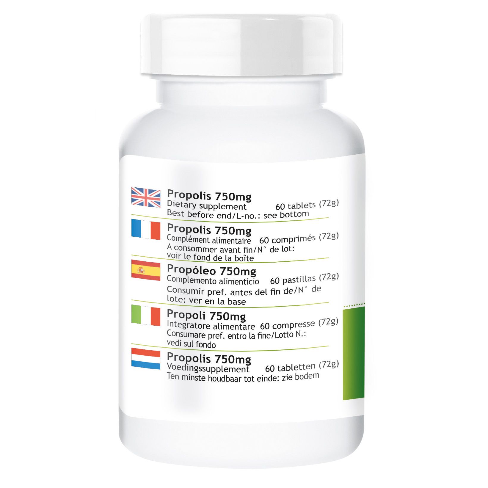 Rückseite der Tablettenflasche. Mehrsprachige Angaben zu "Propolis 750mg". 60 Tabletten. Mindesthaltbarkeitsdatum. Hergestellt in Deutschland.