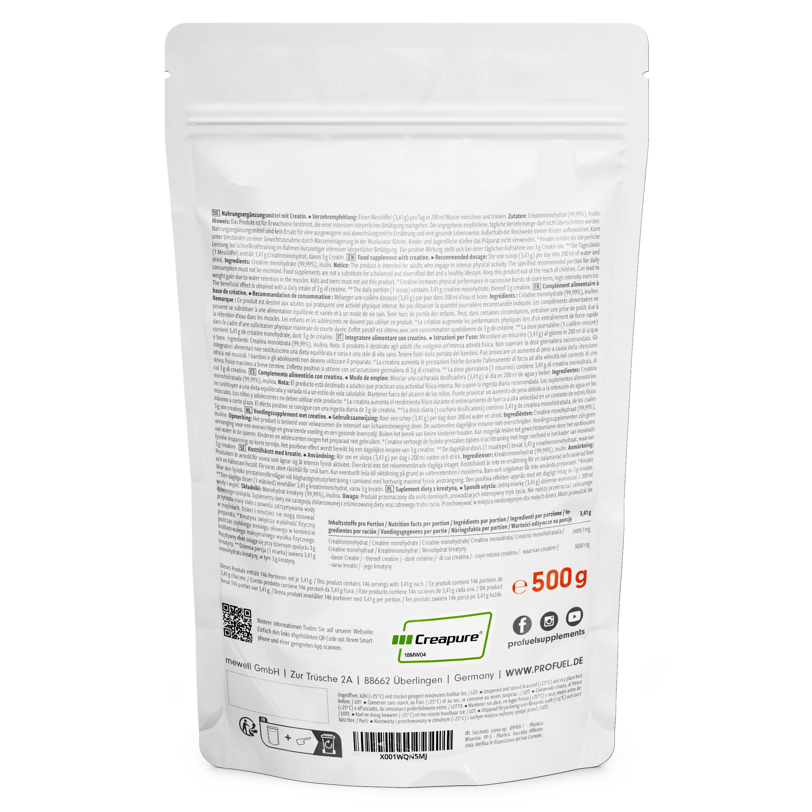 Rückseite einer weißen Tüte mit Creatine Monohydrat. Text: 500g, Inhaltsstoffe, Nährwertangaben, Herstellerinformationen, Creapure.