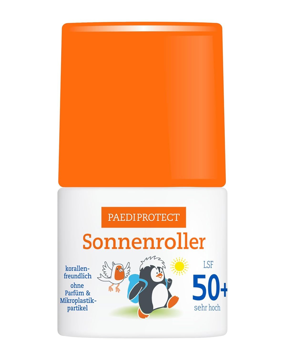 Sonnenroller mit orangefarbenem Deckel. Aufschrift: PAEDIPROTECT Sonnenroller LSF 50+. Illustrationen von Pinguin und Vogel. Ohne Parfum und Mikroplastikpartikel.