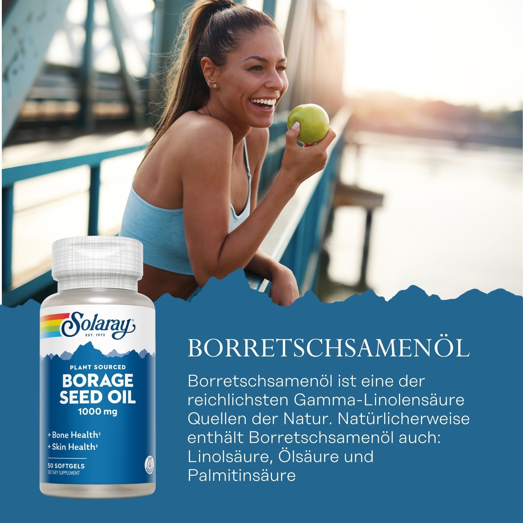 Solaray Borretschsamenöl-Flasche. Frau isst Apfel. Text: Borretschsamenöl, 1000 mg, Knochen- und Hautgesundheit. 50 Softgels.