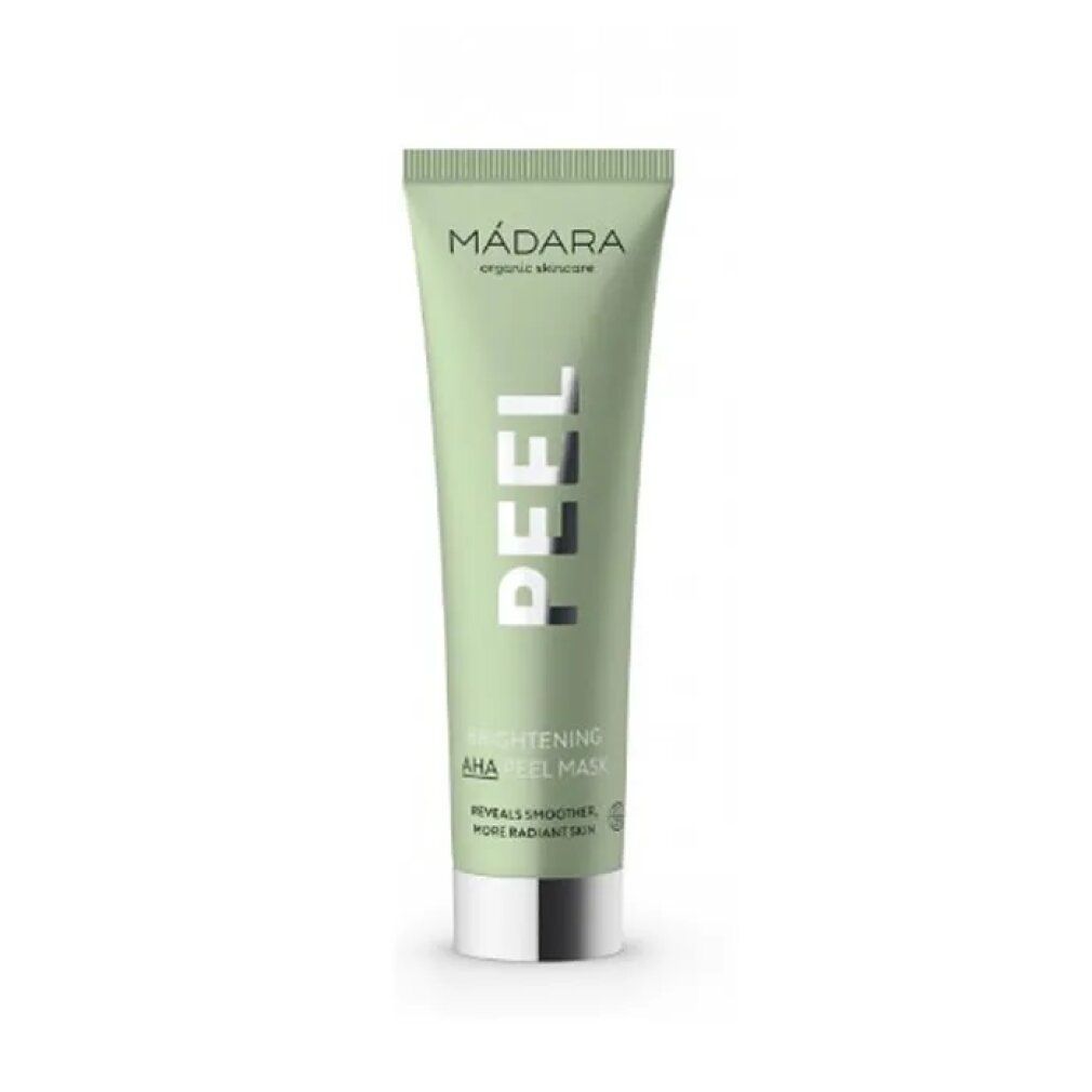 Grüne Tube mit Aufschrift PEEL und Madara. AHA Peel Maske. Silberne Kappe.